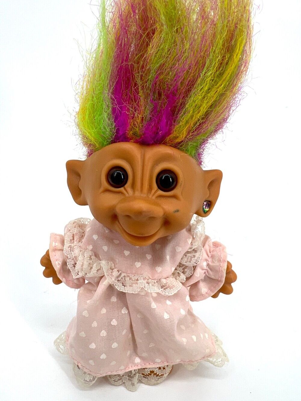 Vintage Bright of America Lucky Troll Doll Pink Dress Rainbow Hair Brown Eyes
